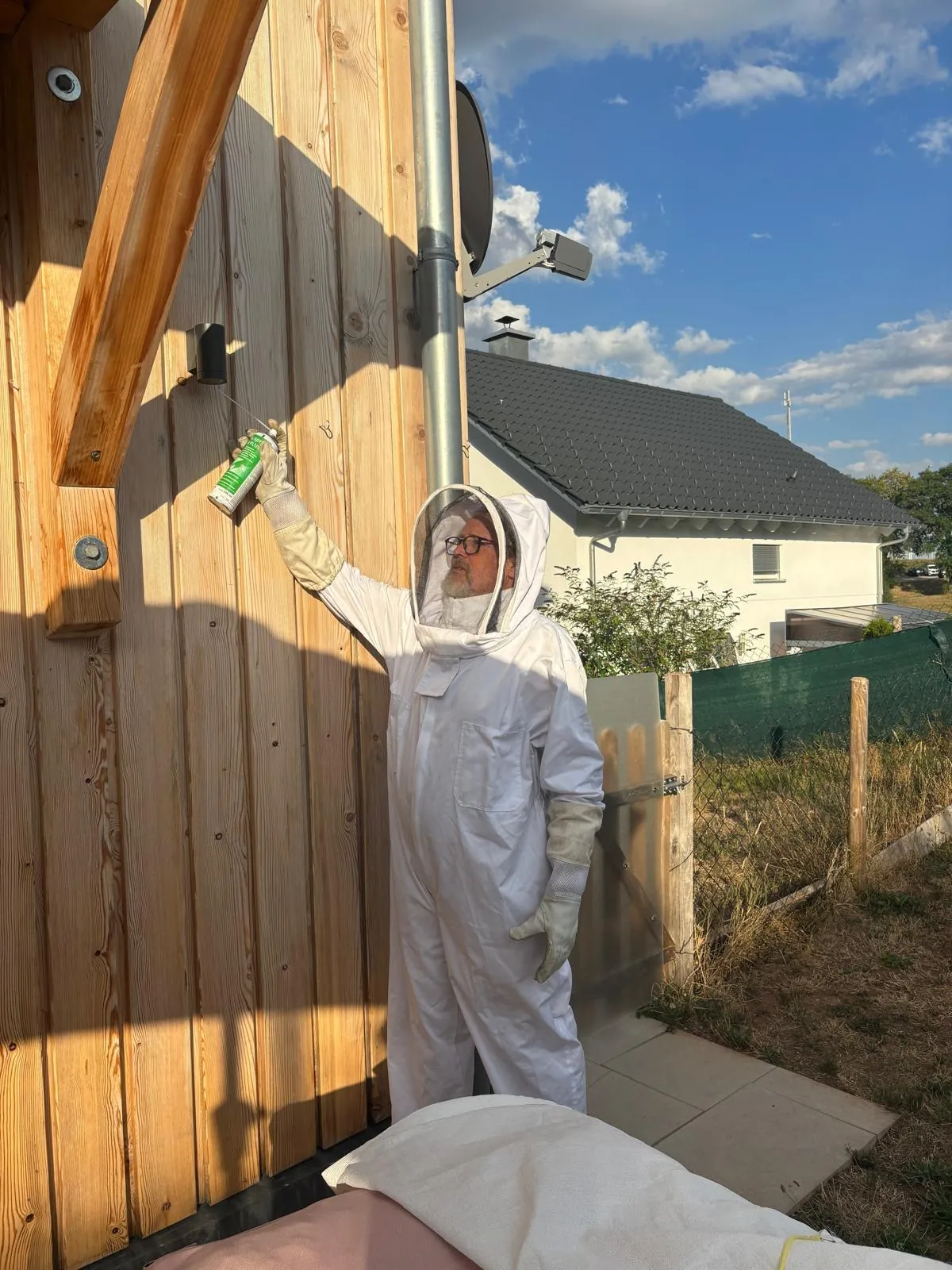 Behandlung eines Wespennests direkt am Einflugloch der Holzfassade